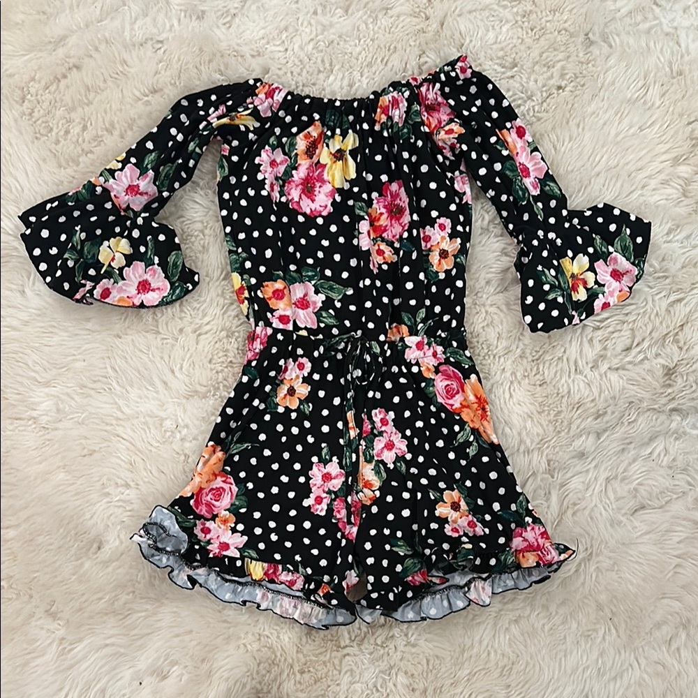 Mia Belle Girls Floral Polka Dot Off-Shoulder Romper